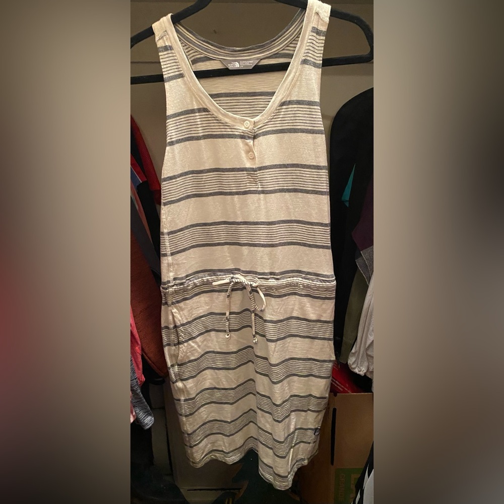 The North Face Striped Sleeveless Drawstring Dress- Cream and Gray